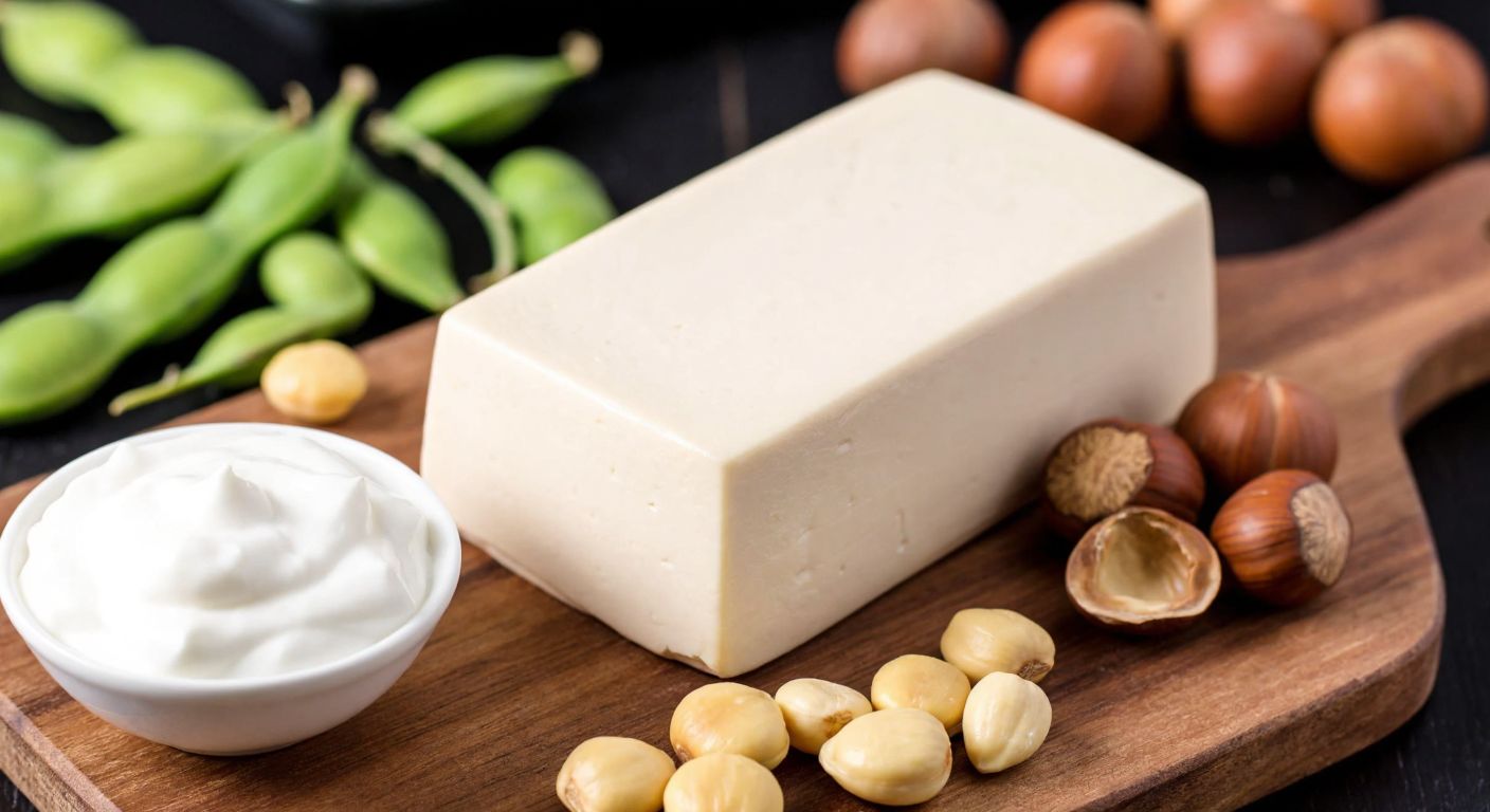 A close-up of a smooth, pale block of tofu resting on a wooden cutting board, surrounded by fresh soybeans, hazelnuts, and a small bowl of creamy white yogurt, evoking its mild, nutty, and dairy-like flavors.
