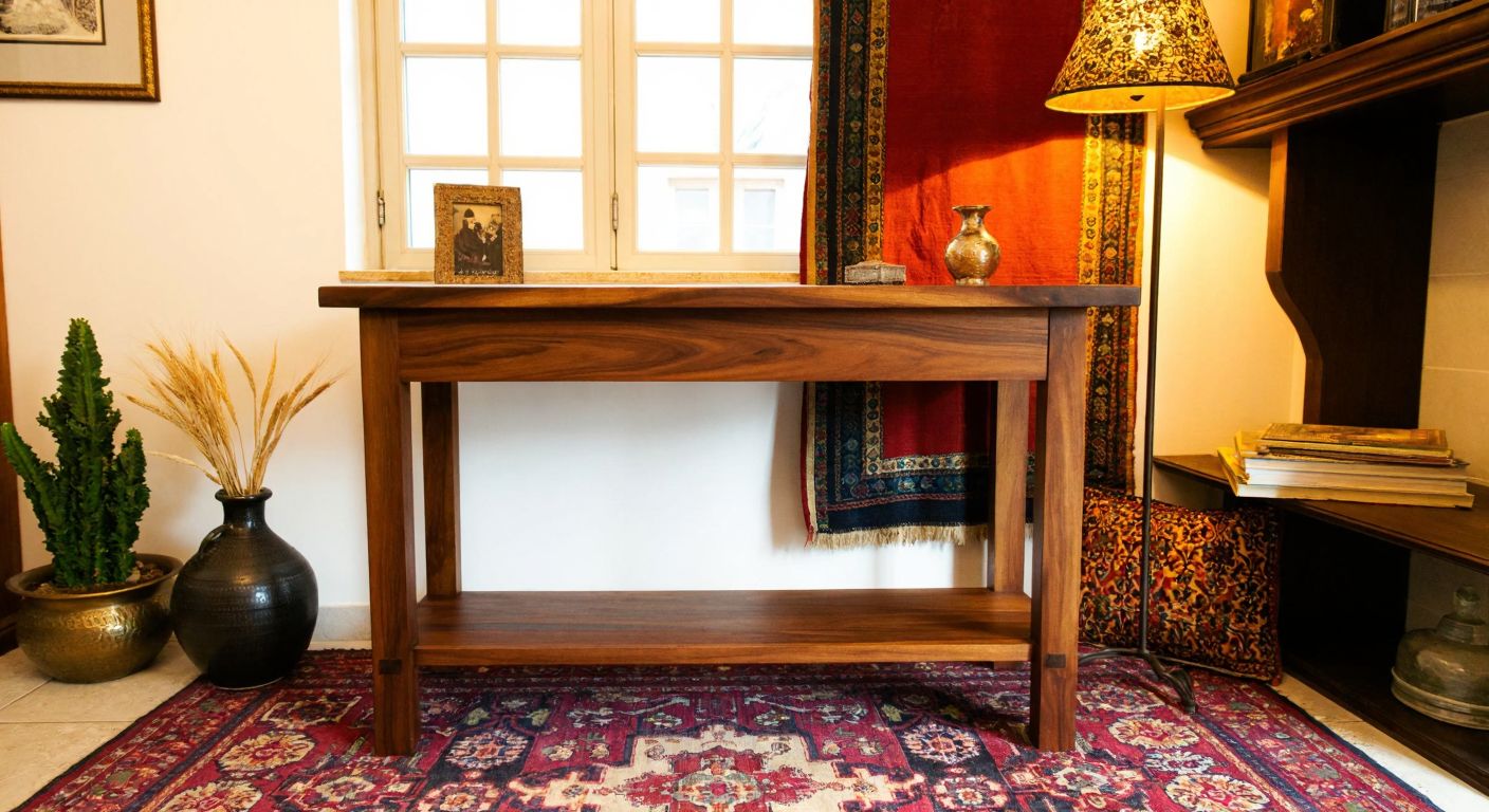 A sturdy walnut console table with a rich, polished surface stands in a cozy Turkish living room, surrounded by warm lighting and traditional textiles.