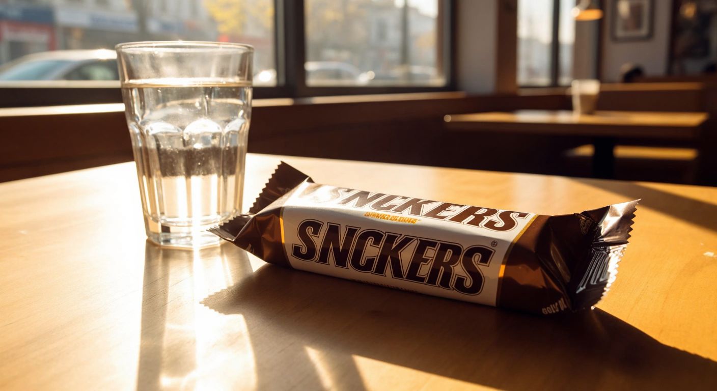 A close-up of a Snickers bar unwrapped on a wooden table, with a glass of water beside it, under warm sunlight in a cozy Turkish café.