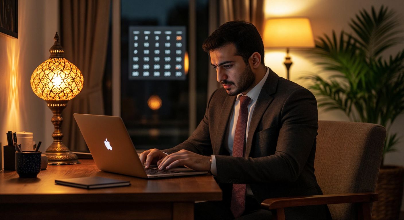 A focused Turkish adult in business attire sits at a wooden desk with a laptop displaying a login screen, bathed in warm light from a traditional Turkish lamp, while a digital calendar with highlighted dates glows faintly in the background.