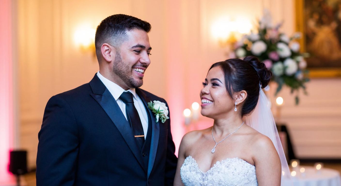 A joyful Brazilian couple, Paulo and Katyucia, standing side by side in formal wedding attire, smiling warmly at each other in a grand London venue, surrounded by soft lighting and floral decorations.