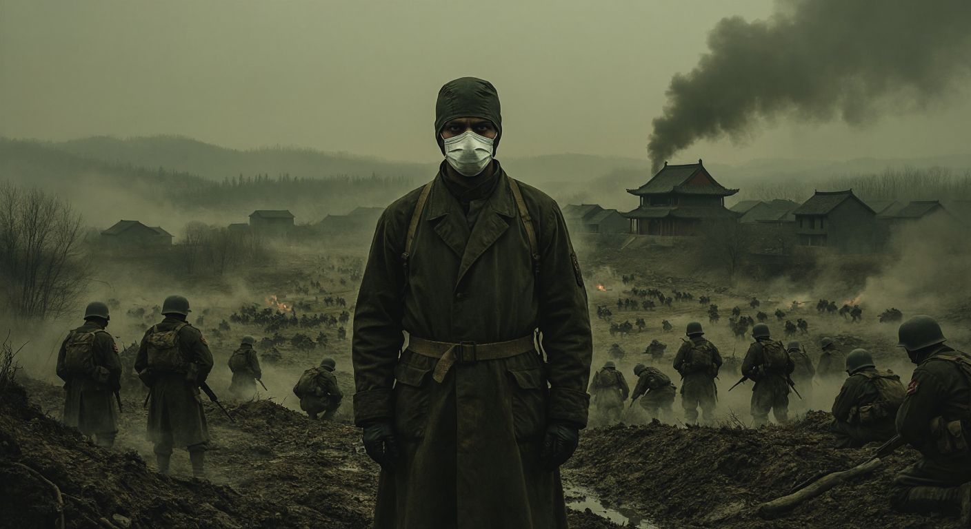 A shadowy, indistinct figure wearing a doctor's mask stands in a misty battlefield littered with weary soldiers, while faint outlines of a Chinese village and an American farmhouse loom in the distant haze.
