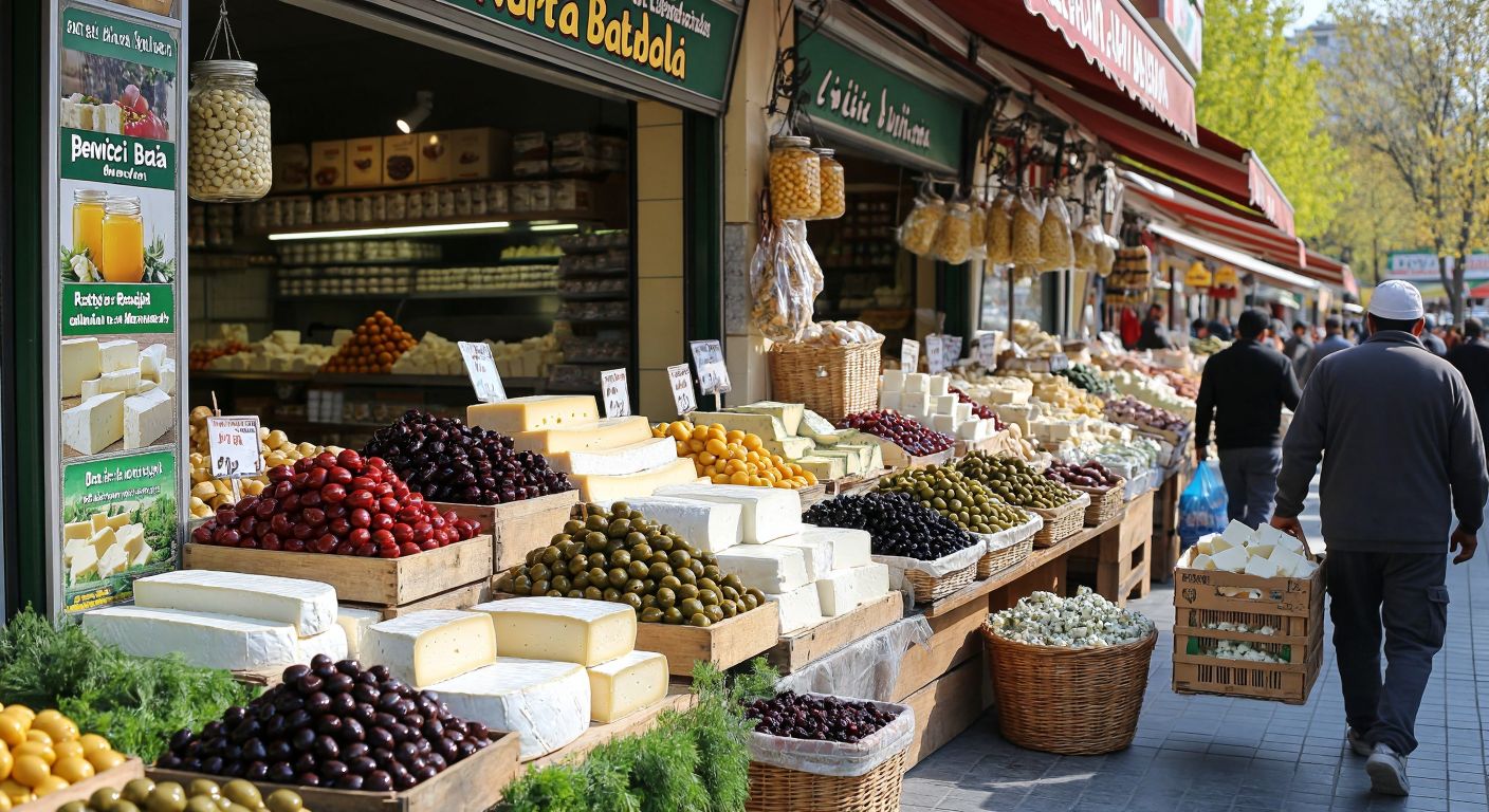 A bustling Turkish marketplace with colorful displays of fresh cheeses, olives, and honey at a **Peynirci Baba** stall, while nearby workers unload crates of dairy products from **Kartepe Süt Fabrikası**, and shoppers browse sportswear at a **Netba Park** store under warm sunlight.