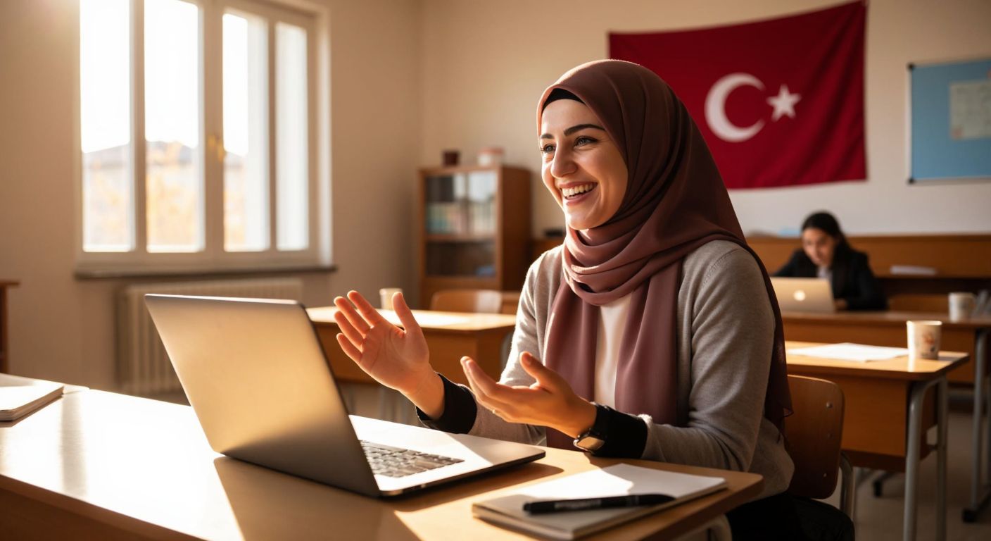 A smiling teacher in a modest headscarf sits at a wooden desk in a sunlit classroom, gesturing warmly toward an open laptop displaying an educational video, with a Turkish flag subtly visible in the background.