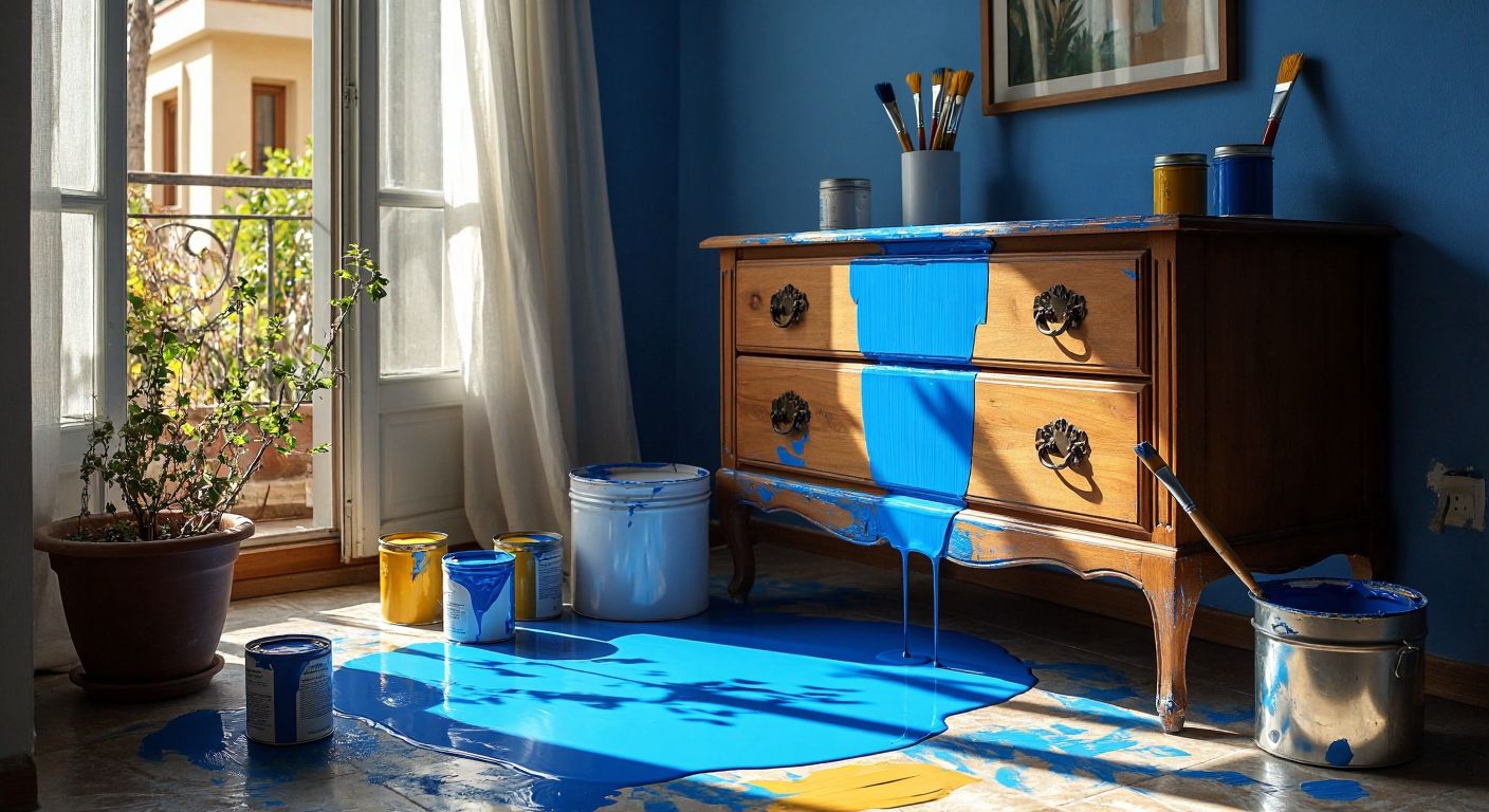 A wooden dresser in a sunlit Turkish home being painted with a brush dipped in vibrant blue acrylic paint, surrounded by open paint cans and a drop cloth.