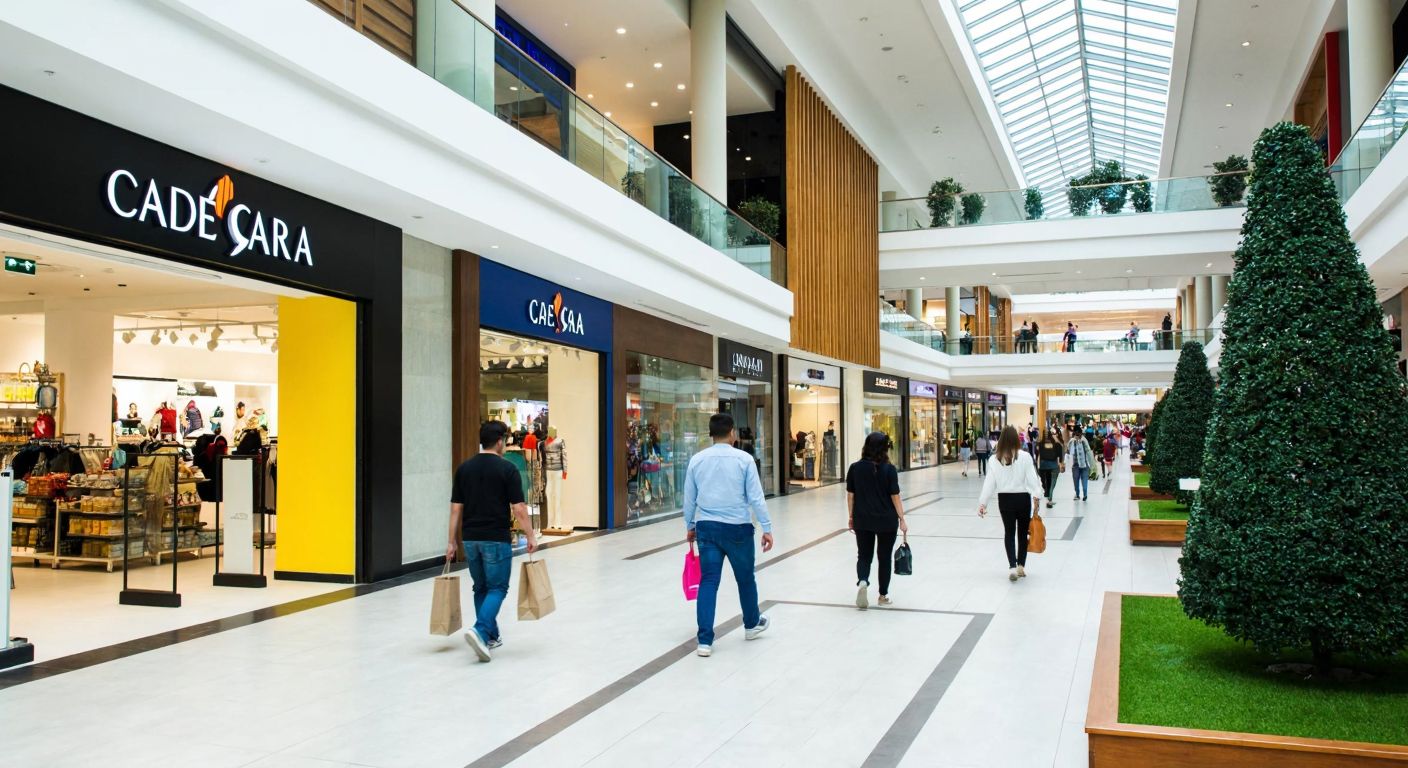 A bustling shopping mall in Sakarya, Turkey, with modern storefronts and people carrying shopping bags, framed by the vibrant interiors of Cadde 54 AVM and Agora Adapazarı AVM.