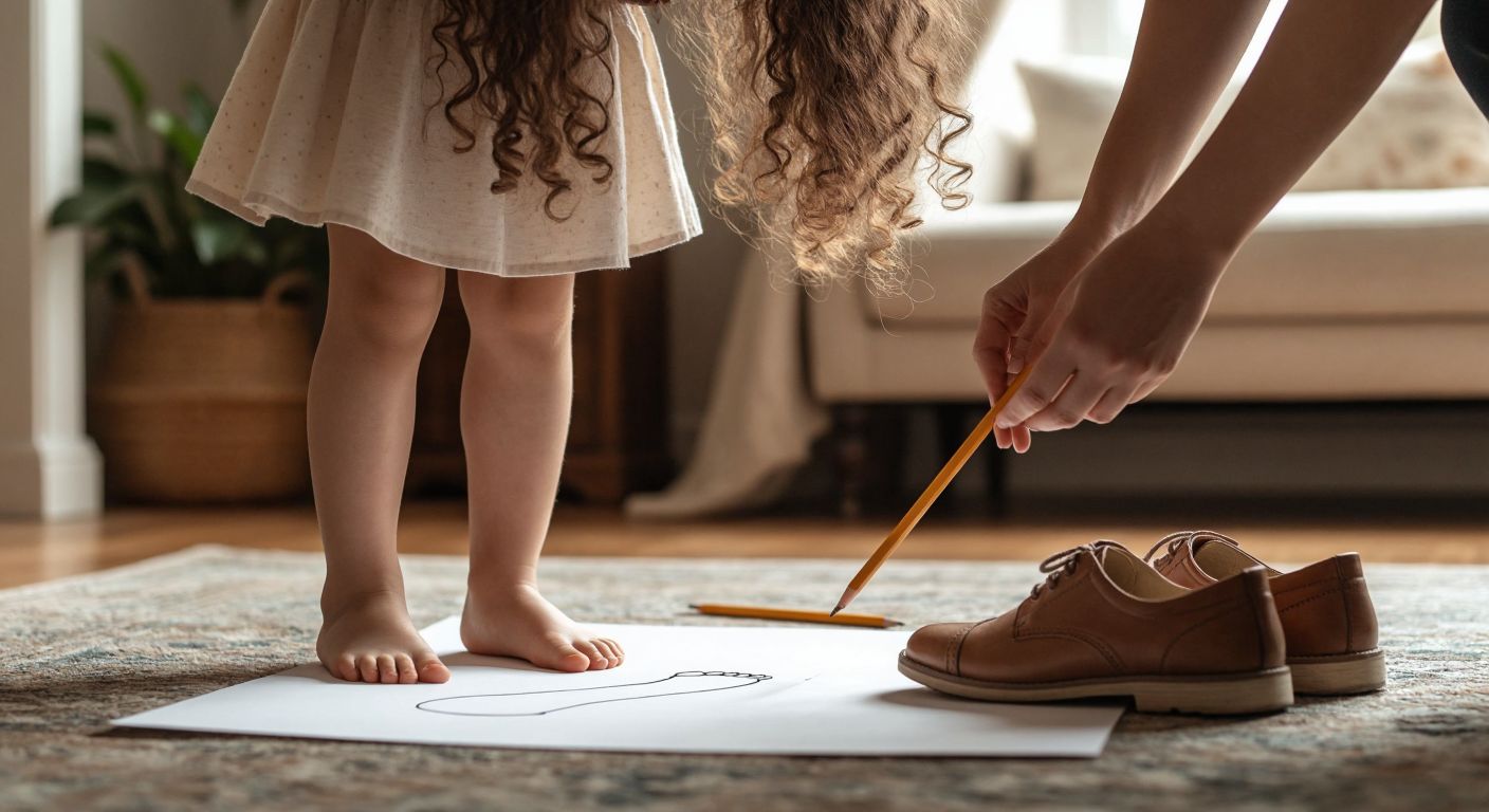 A curly-haired girl standing barefoot on a white A4 paper while someone measures the outline of her foot with a pencil, set against a neutral Turkish home interior with a pair of shoes nearby.