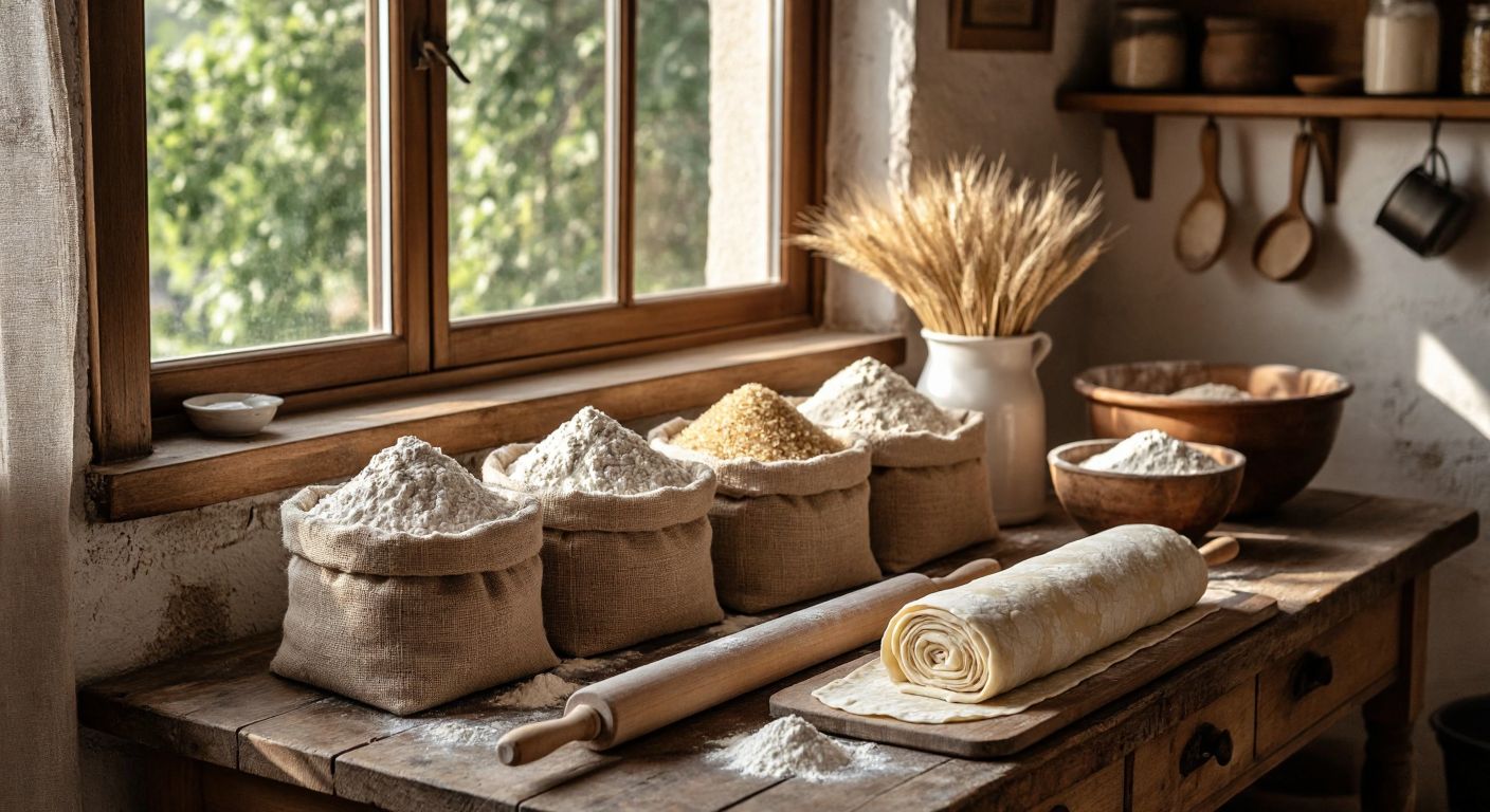 A rustic wooden table in a sunlit Ankara kitchen displays small burlap sacks filled with different types of flour—golden wheat, coarse whole grain, and fine pastry flour—next to a rolling pin and a freshly rolled sheet of yufka dough.