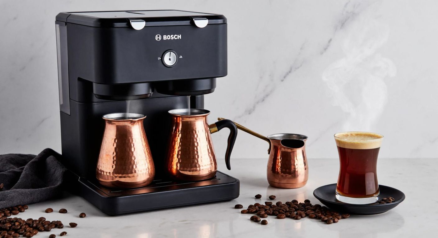 A sleek black Bosch coffee machine with two small copper cezves (Turkish coffee pots) steaming on a marble countertop, surrounded by aromatic coffee beans and a traditional Turkish coffee cup with foam.