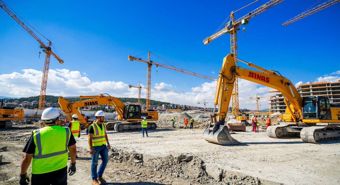 A bustling construction site in Ankara with yellow excavators and cranes under a bright blue sky, surrounded by workers in hard hats and reflective vests.