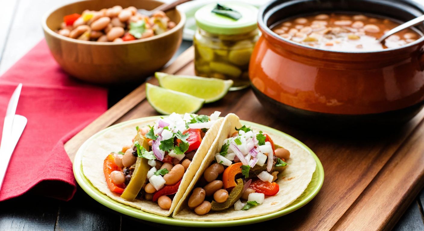 A vibrant Mexican kitchen scene with a colorful taco filled with canned beans, fresh onions, and roasted peppers, alongside a rustic bowl of bean salad with pickles and a steaming pot of bean soup.