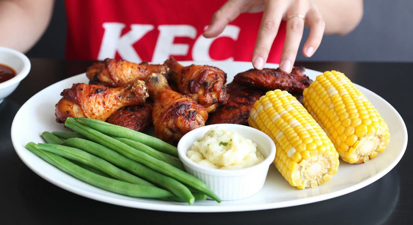 A vibrant plate of grilled chicken wings, green beans, and corn on the cob arranged neatly beside a small bowl of mashed potatoes, with a person's hand reaching toward the food in a KFC restaurant setting.