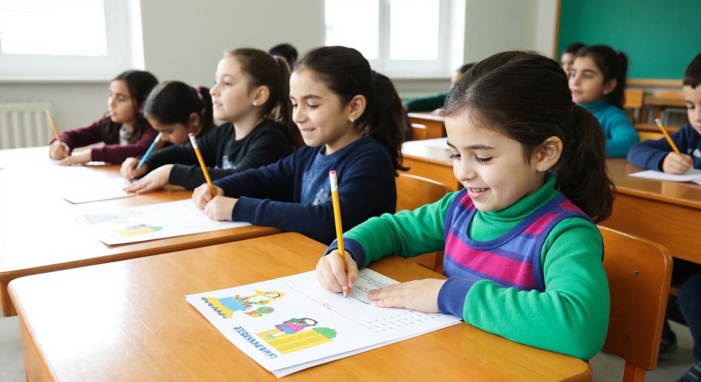 A cheerful classroom in Turkey with young students sitting at wooden desks, pencils in hand, focused on colorful test papers featuring simple math problems, reading passages, and illustrations of daily life activities.