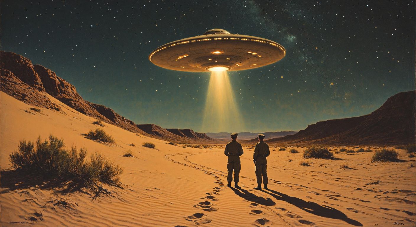 A shadowy desert landscape under a starry night sky, with a glowing unidentified flying object hovering above while two figures in 1950s U.S. Air Force uniforms examine mysterious tracks in the sand.