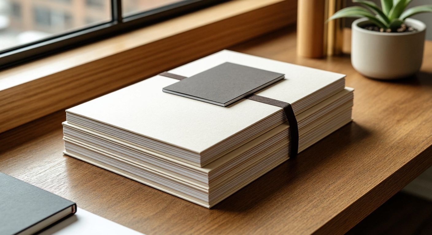 A stack of thick, high-quality paper sheets in neutral tones, neatly arranged on a wooden desk, with a sleek business card and an elegant notebook cover placed on top, evoking professionalism and craftsmanship.