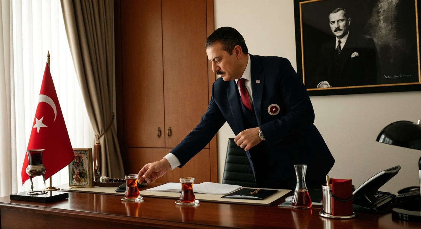 A Turkish man in a modern home office carefully arranges a printed image of Atatürk on his wall, surrounded by traditional Turkish tea glasses and a small Turkish flag on the desk.
