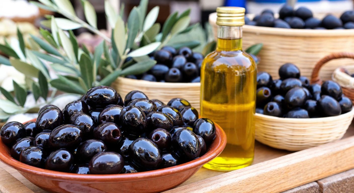 A rustic wooden table in a Turkish market displays glossy black olives in a ceramic bowl next to a golden bottle of olive oil, with a basket of fresh olives and olive branches in the background.
