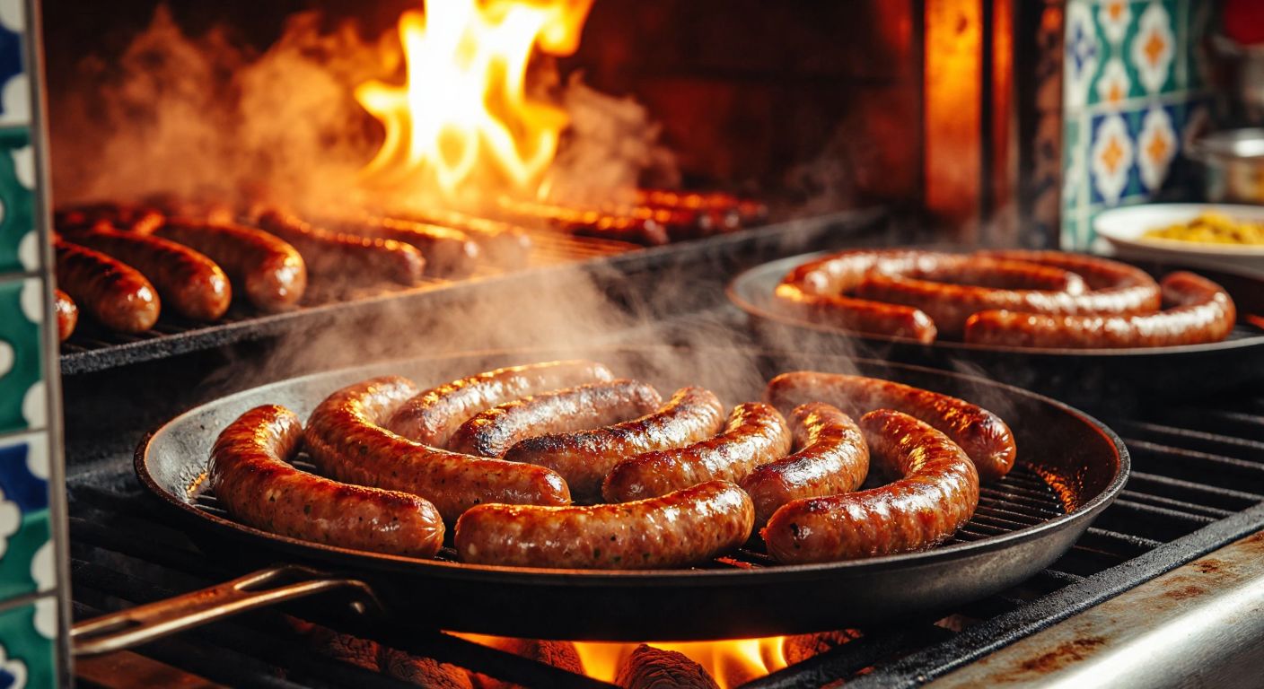 A sizzling pan with golden-brown sausages, a smoky grill with charred sausages, a bubbling pot of boiling water with plump sausages, and a warm oven with evenly roasted sausages, all set in a Turkish kitchen with vibrant tiles and the aroma of spices filling the air.
