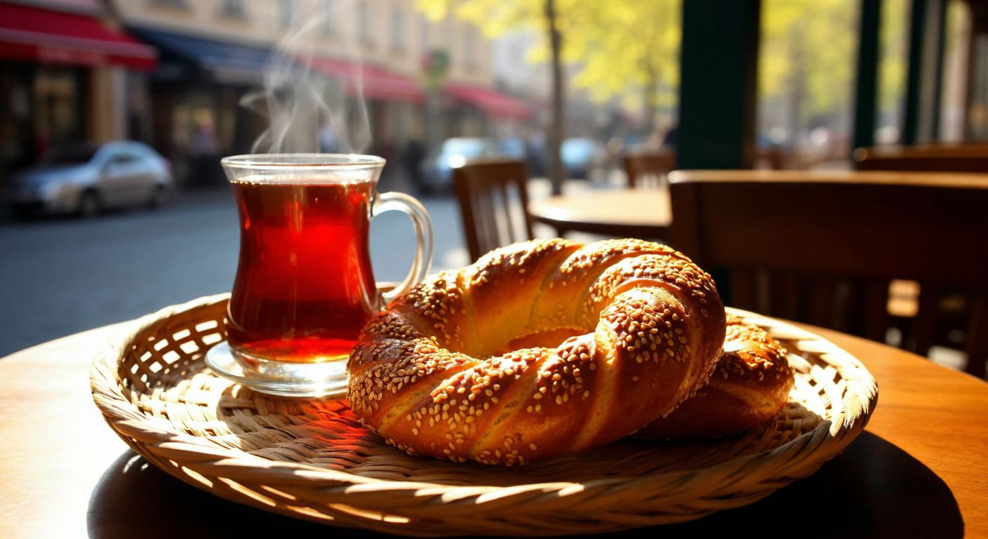 A golden-brown sesame-crusted simit rests on a woven tray beside a steaming glass of Turkish tea, with warm sunlight filtering through a bustling Istanbul street café, evoking comfort and shared tradition.