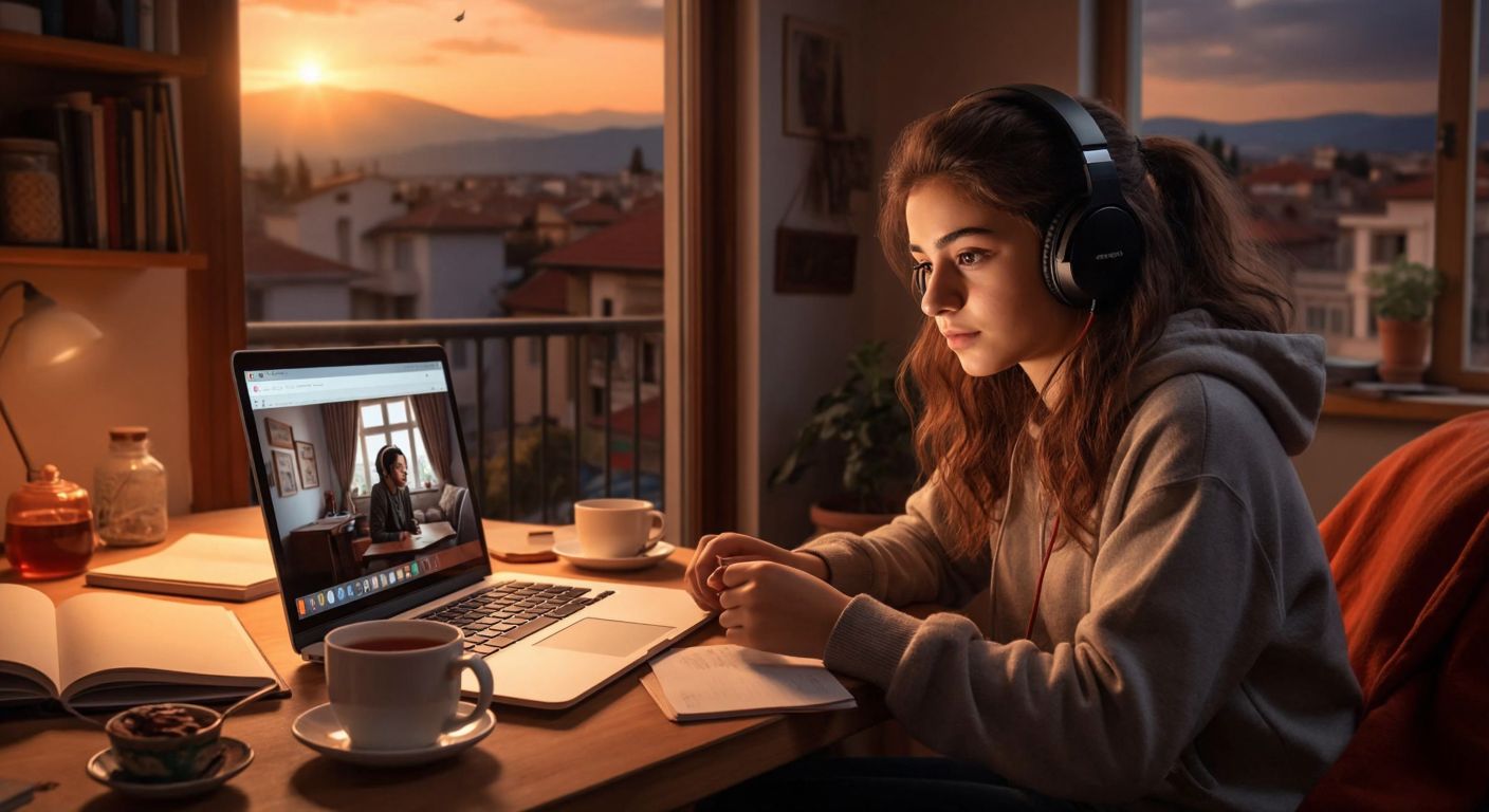 A young student in a cozy Turkish home, wearing headphones and attentively watching a laptop screen displaying a virtual classroom, with a steaming cup of çay and scattered notebooks nearby.