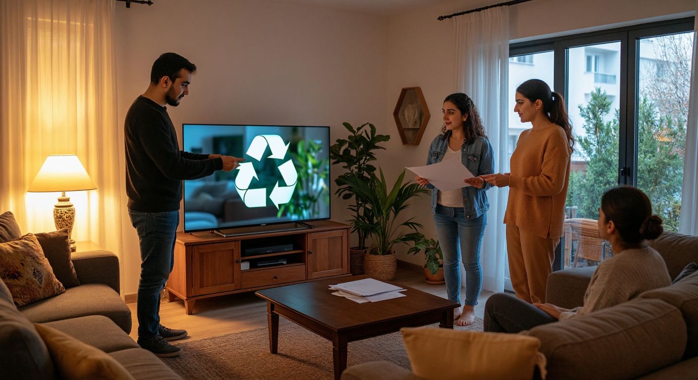 A Turkish family in a cozy living room carefully inspecting a refurbished television with a bright, clear screen, while a seller in a casual outfit stands nearby holding a warranty document, with a recycling symbol subtly visible in the background.