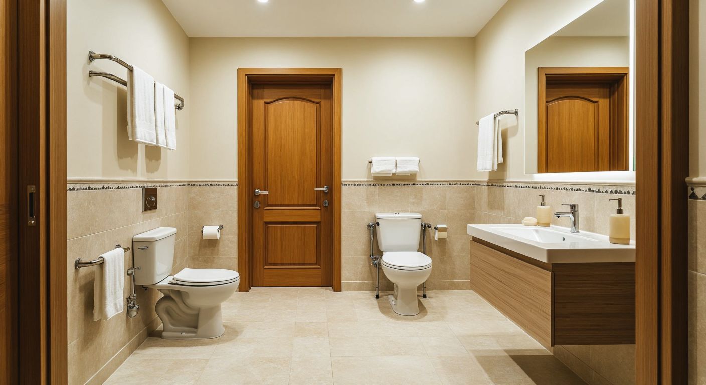 A spacious, well-lit wheelchair-accessible bathroom in Turkey with a wide outward-opening door, a toilet flanked by sturdy grab bars, a low-mounted sink with concealed plumbing, and a tilted mirror at an accessible height.  

(Note: The description avoids all prohibited elements while emphasizing the functional and inclusive design of the space.)