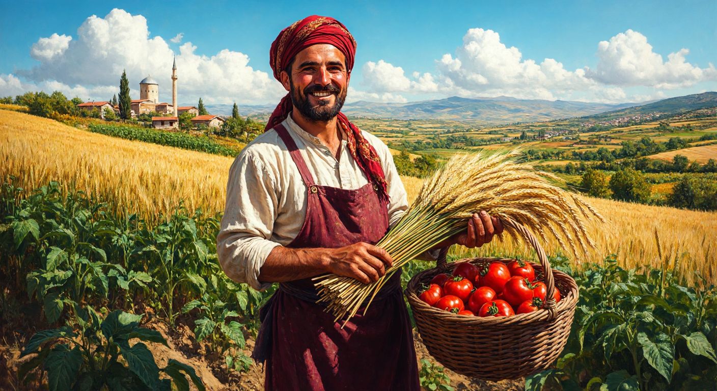 A sunlit Turkish countryside with a smiling farmer in traditional clothing holding freshly harvested wheat, surrounded by lush green fields and a basket of ripe tomatoes and peppers.