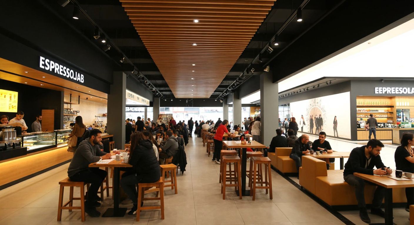 A bustling Turkish shopping mall with a modern Espressolab café, where people enjoy coffee amidst warm lighting and sleek wooden furniture.