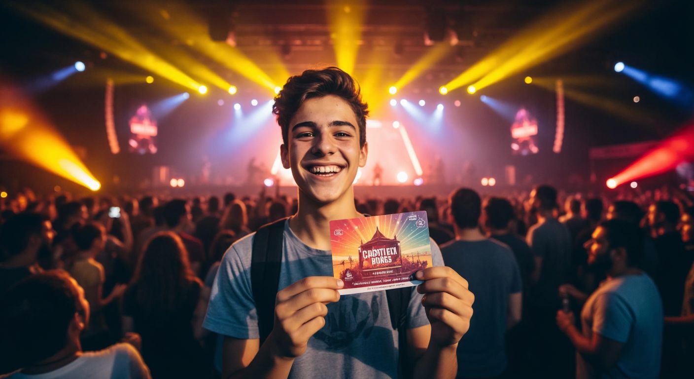 A smiling young person in Turkey holds up a colorful event ticket while standing in front of a lively concert stage, with a festive crowd and glowing stage lights in the background.