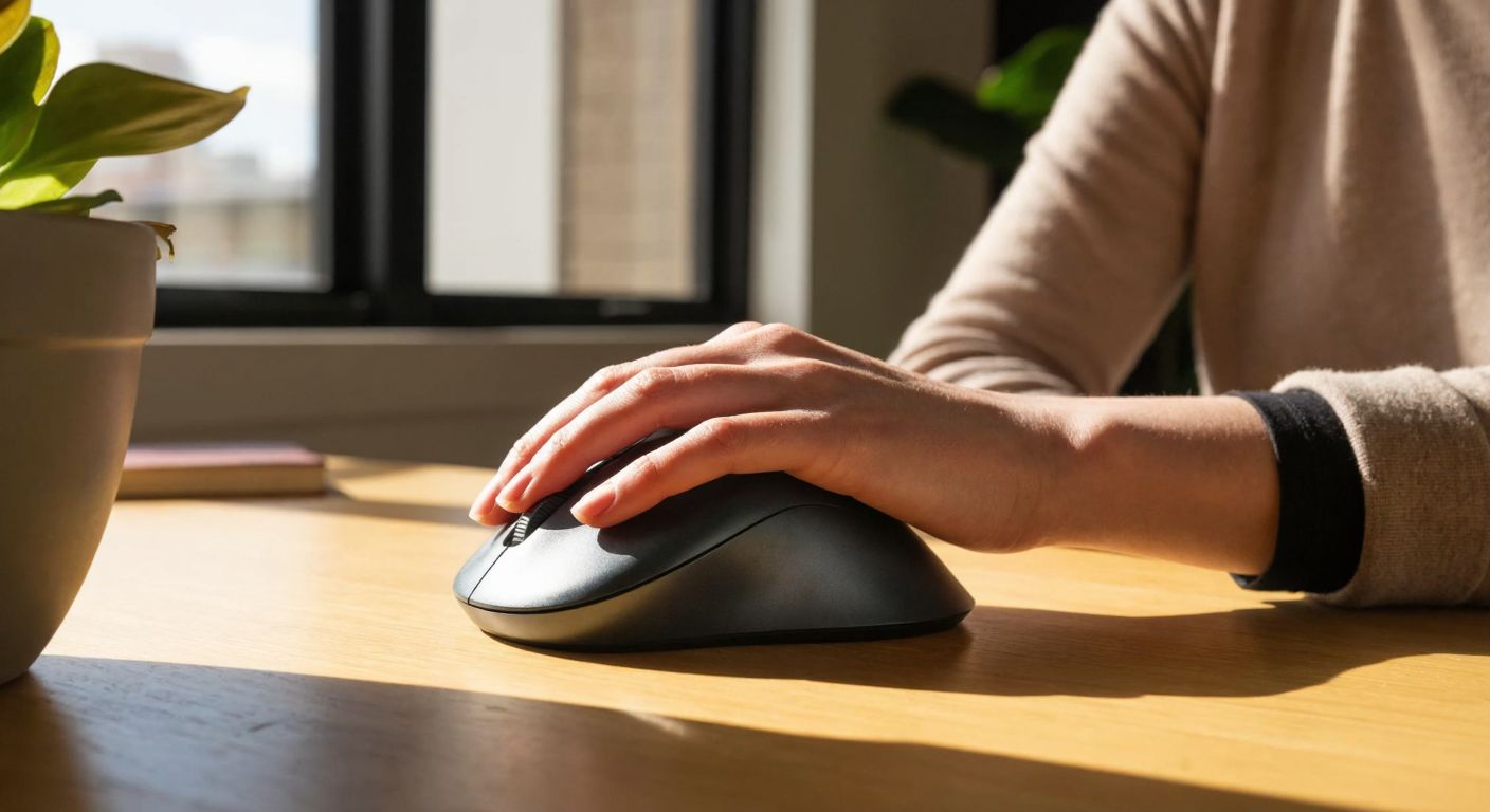 A person with a relaxed, neutral wrist posture holds an ergonomic vertical mouse on a wooden desk, their fingers naturally curled around its contoured shape, with sunlight streaming through a nearby window.