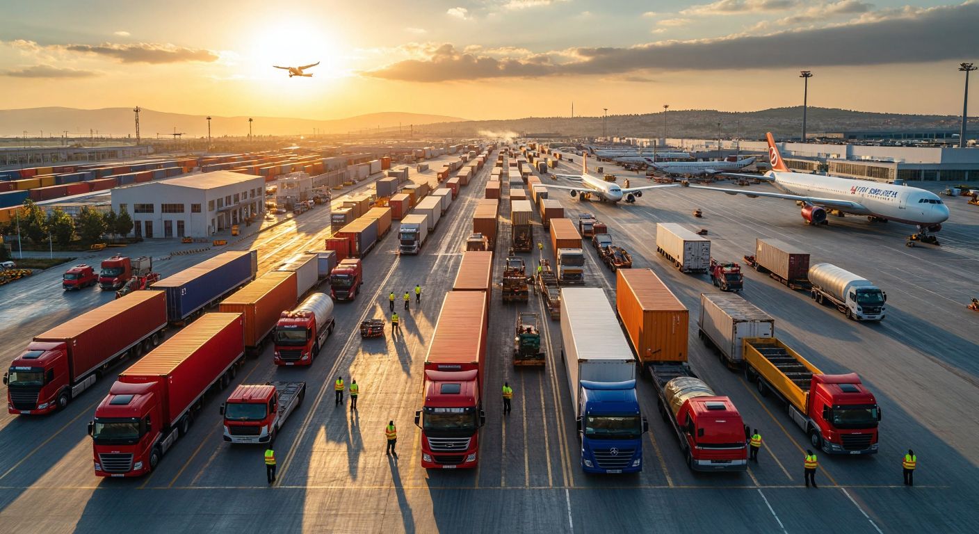 A bustling Turkish logistics hub with trucks, cargo ships, and airplanes moving goods, while workers in reflective vests coordinate shipments under a bright sun.