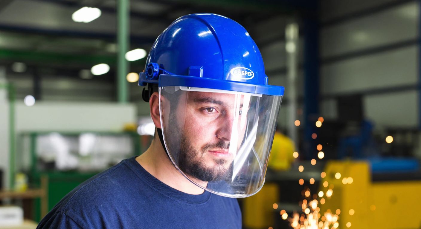 A Turkish worker in a factory wearing the Essafe GE 1205 face shield, its transparent polycarbonate visor reflecting sparks from metal grinding, while his focused eyes peer through the protective barrier.