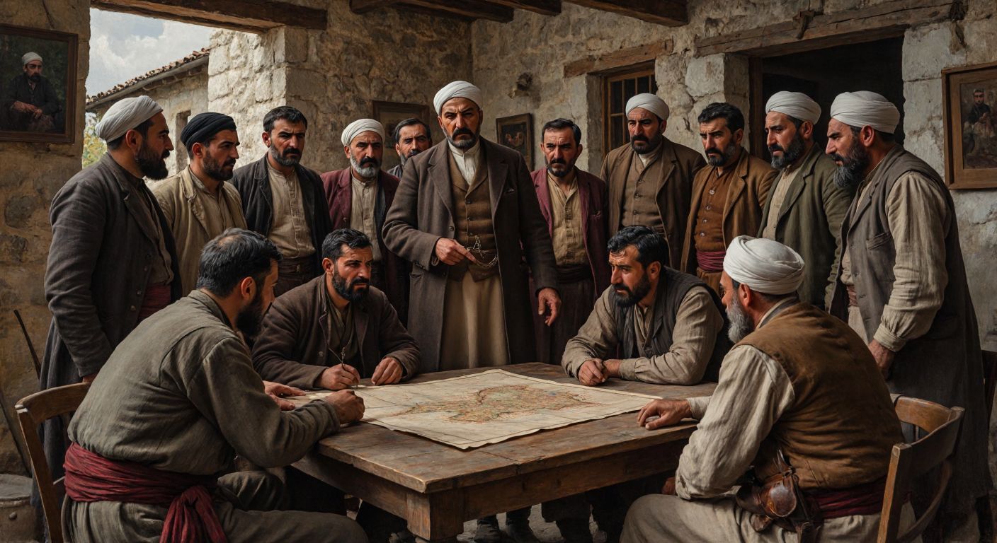 A determined group of Turkish villagers, dressed in early 20th-century Anatolian clothing, gather around a wooden table in a rustic stone house, studying a hand-drawn map while Mustafa Kemal Atatürk stands at the center, pointing with conviction as others listen intently, their faces reflecting resolve and unity.