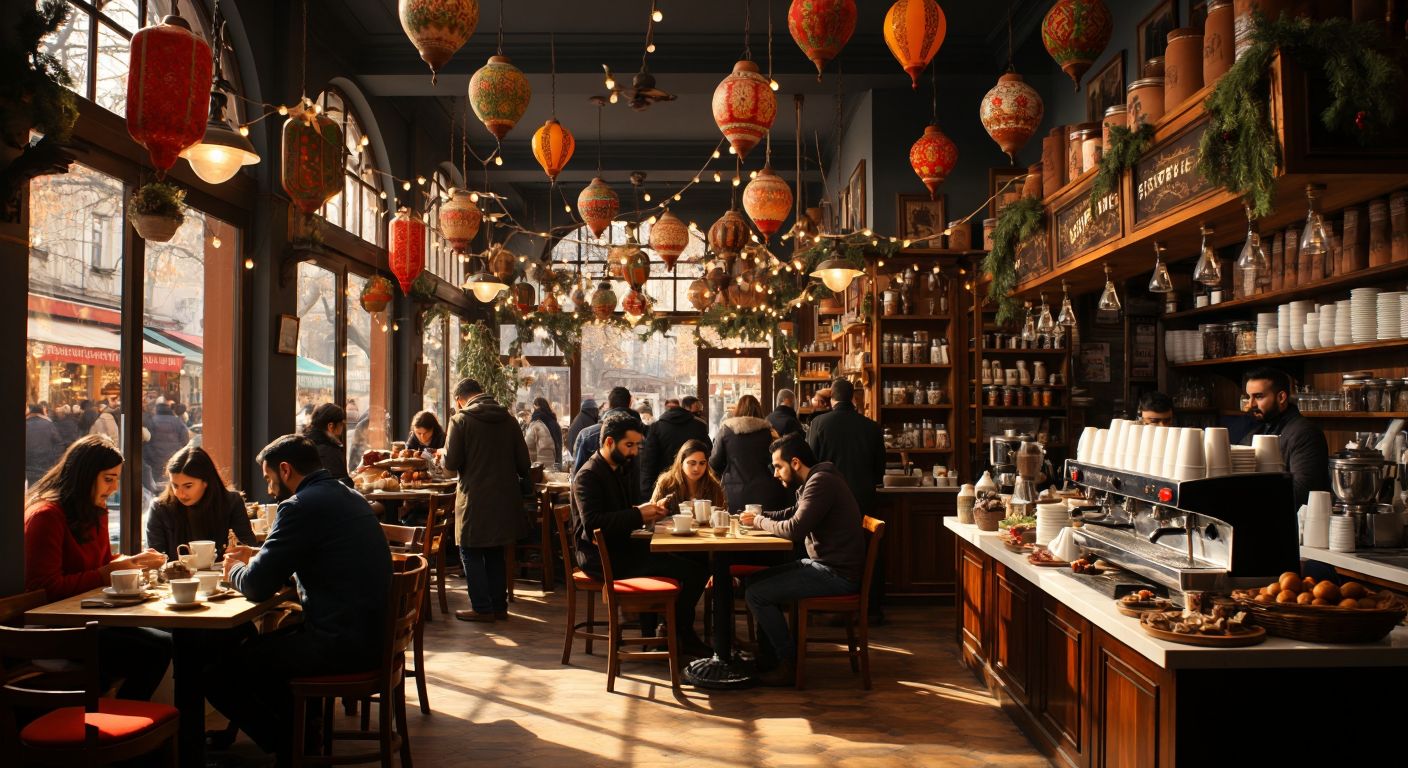 A bustling Turkish café with steaming cups of coffee, colorful discount tags hanging above shelves of coffee beans and ceramic cups, and cheerful baristas serving customers under festive decorations.