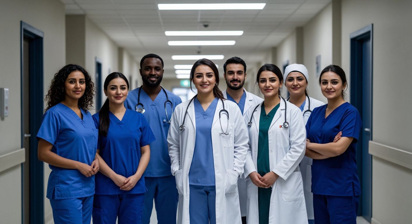 A diverse group of healthcare professionals—a nurse in blue scrubs, an ebe in traditional white attire, and a doctor in a white coat—standing together in a bright Turkish hospital corridor, symbolizing collaboration in medical care.