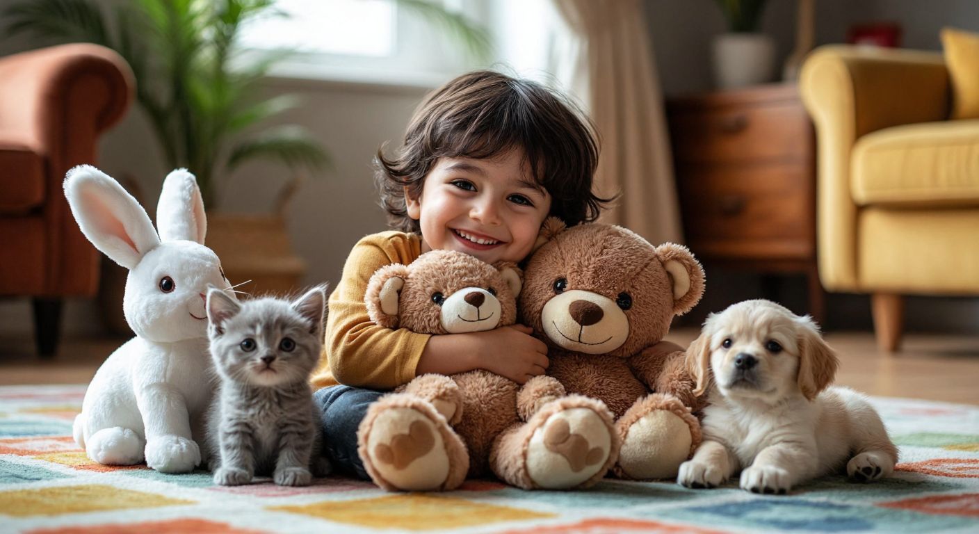 A smiling Turkish child hugging a soft brown teddy bear, surrounded by other plush animals like a white rabbit, a gray kitten, and a golden retriever puppy on a colorful rug in a cozy room.