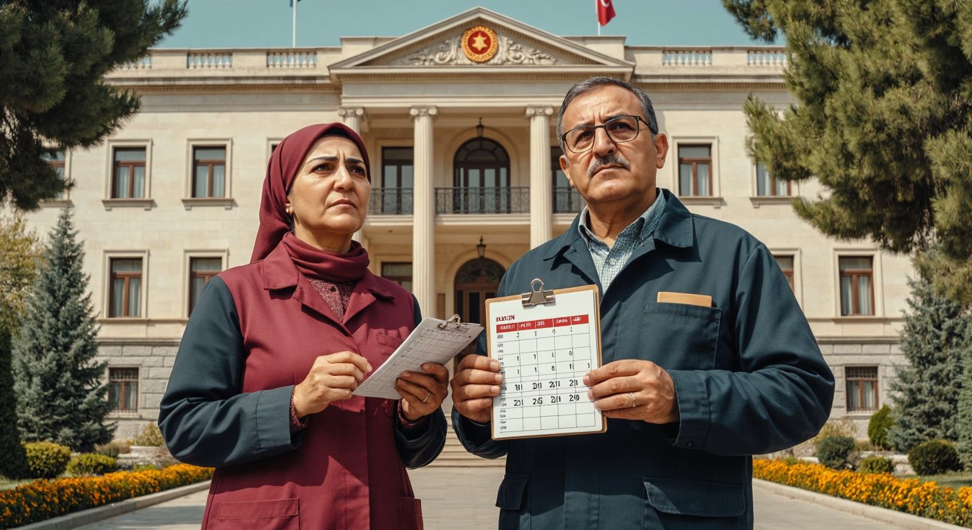 A middle-aged Turkish couple in traditional work attire stands in front of a government office, one holding a calendar with marked years while the other counts on their fingers, both looking hopeful yet contemplative.