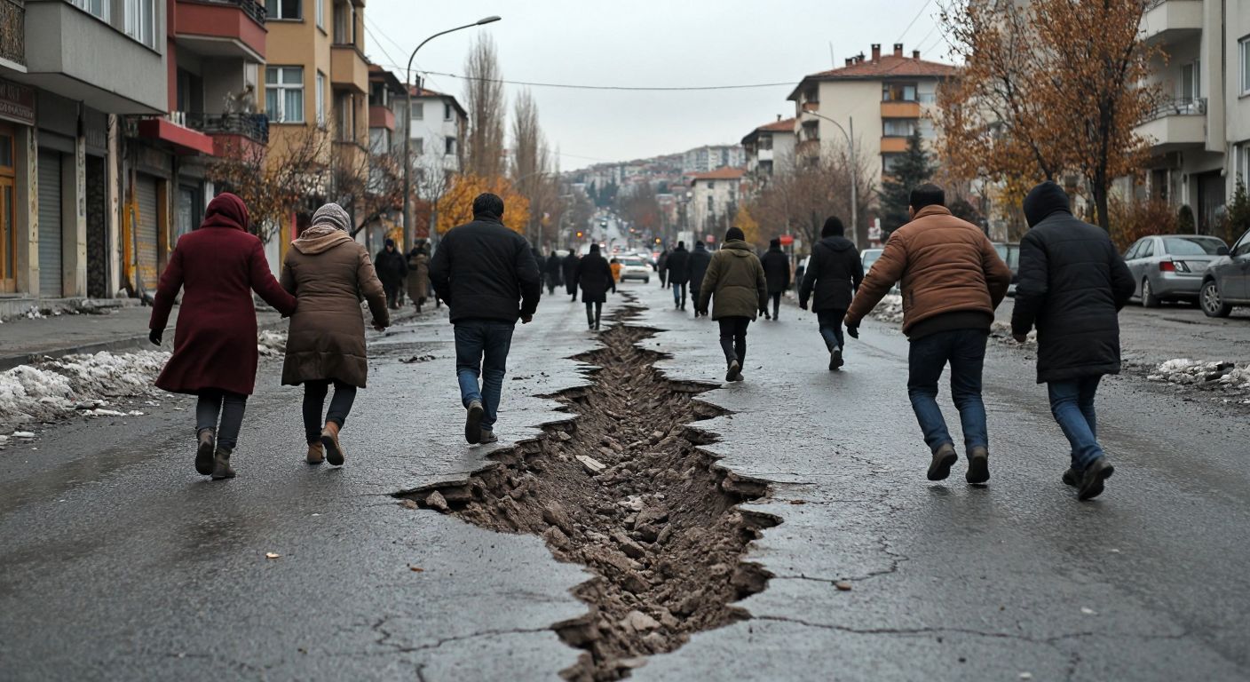A cracked urban street in Ankara with visibly unstable, loose soil beneath the pavement, while anxious residents in layered winter clothing clutch each other, their faces tense with fear.