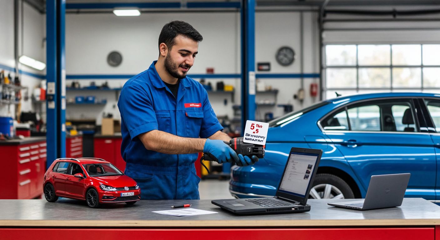 A Turkish mechanic in a blue uniform confidently hands a customer a shiny power tool with a "5-year warranty" tag, while a Volkswagen car and a Lenovo laptop sit nearby on a well-lit workshop counter.