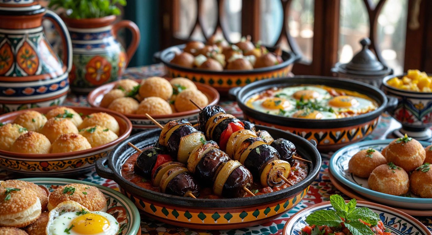 A vibrant table spread with Algerian dishes like tajine filled with eggplant and prunes, sizzling brochettes on skewers, a steaming bowl of shakshuka with eggs, fluffy couscous, golden makroudh pastries, and a pot of fragrant mint tea, all set against a backdrop of colorful ceramic plates and warm, inviting light.