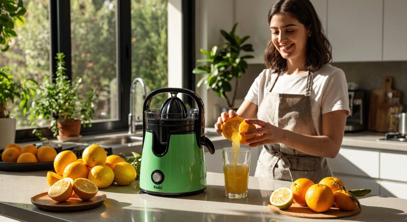 A sleek, green Kiwi brand citrus juicer sits on a sunlit Turkish kitchen counter, surrounded by fresh oranges and lemons, with a smiling woman in a casual apron squeezing fruit into a glass.