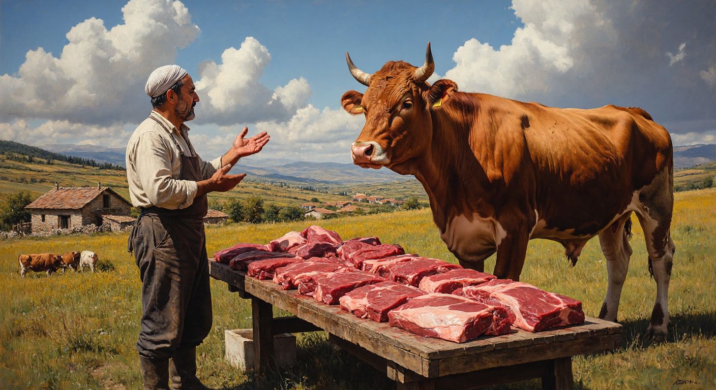 A Turkish farmer in a rural field stands beside a large, healthy cattle, gesturing toward a butcher's table piled with fresh cuts of meat, conveying a sense of practical knowledge and agricultural livelihood.