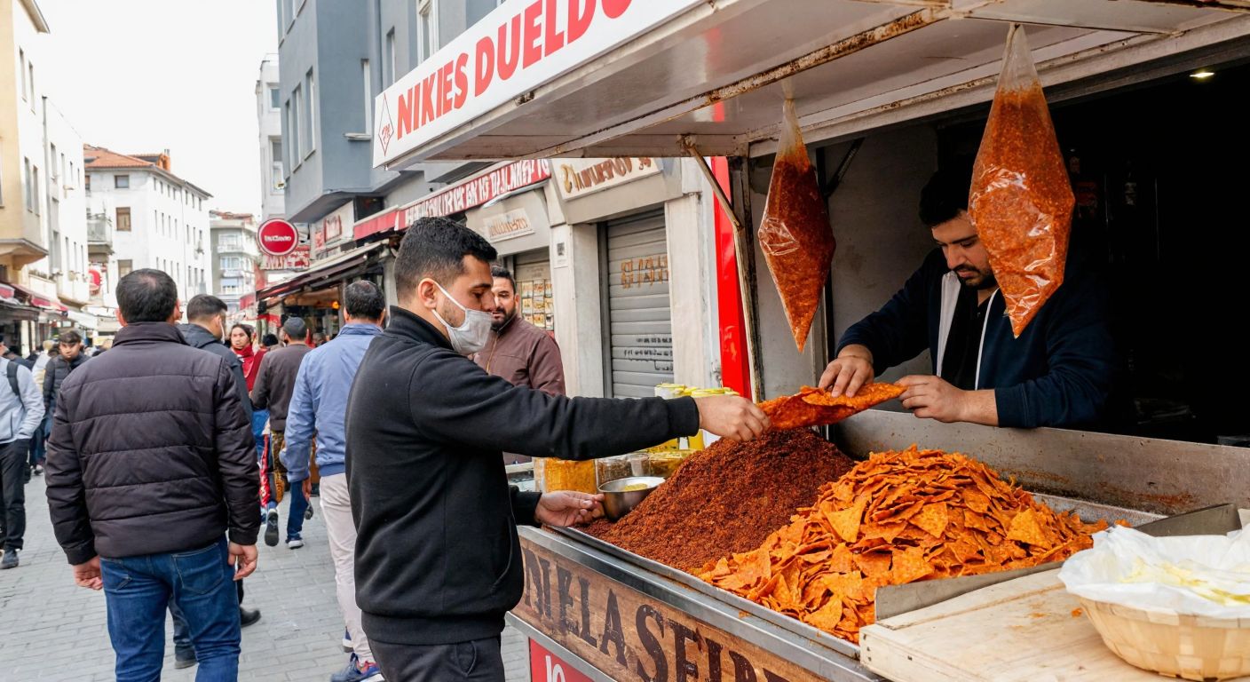 A bustling Turkish street scene with a vibrant simit cart, where a vendor hands a customer a freshly prepared Doritos Dolutos wrapped in paper, surrounded by the aroma of spices and the lively chatter of passersby.