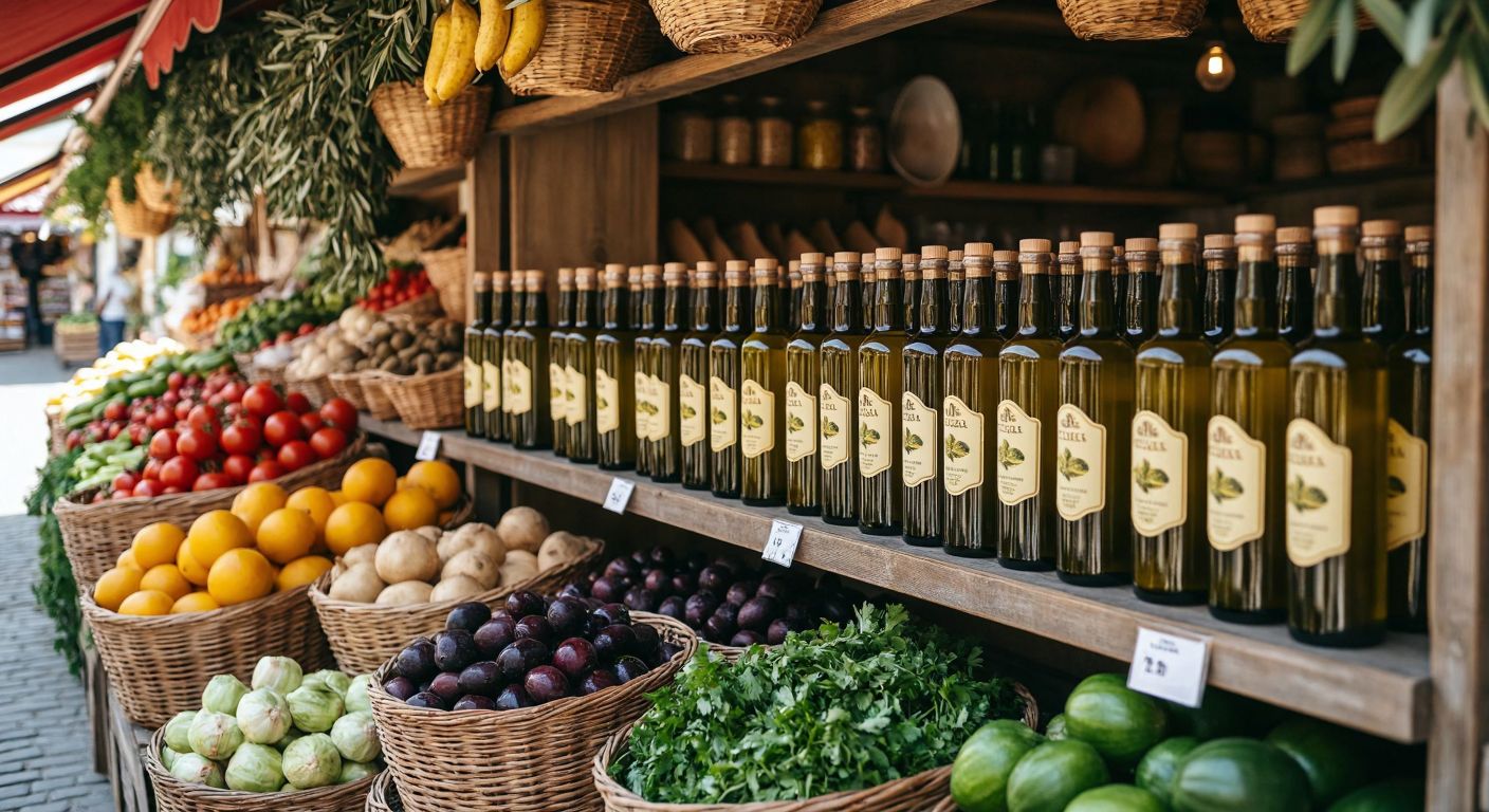 A warm Turkish marketplace shelf lined with glass bottles of golden Tariş olive oil, their labels hidden, nestled among fresh produce and rustic baskets.