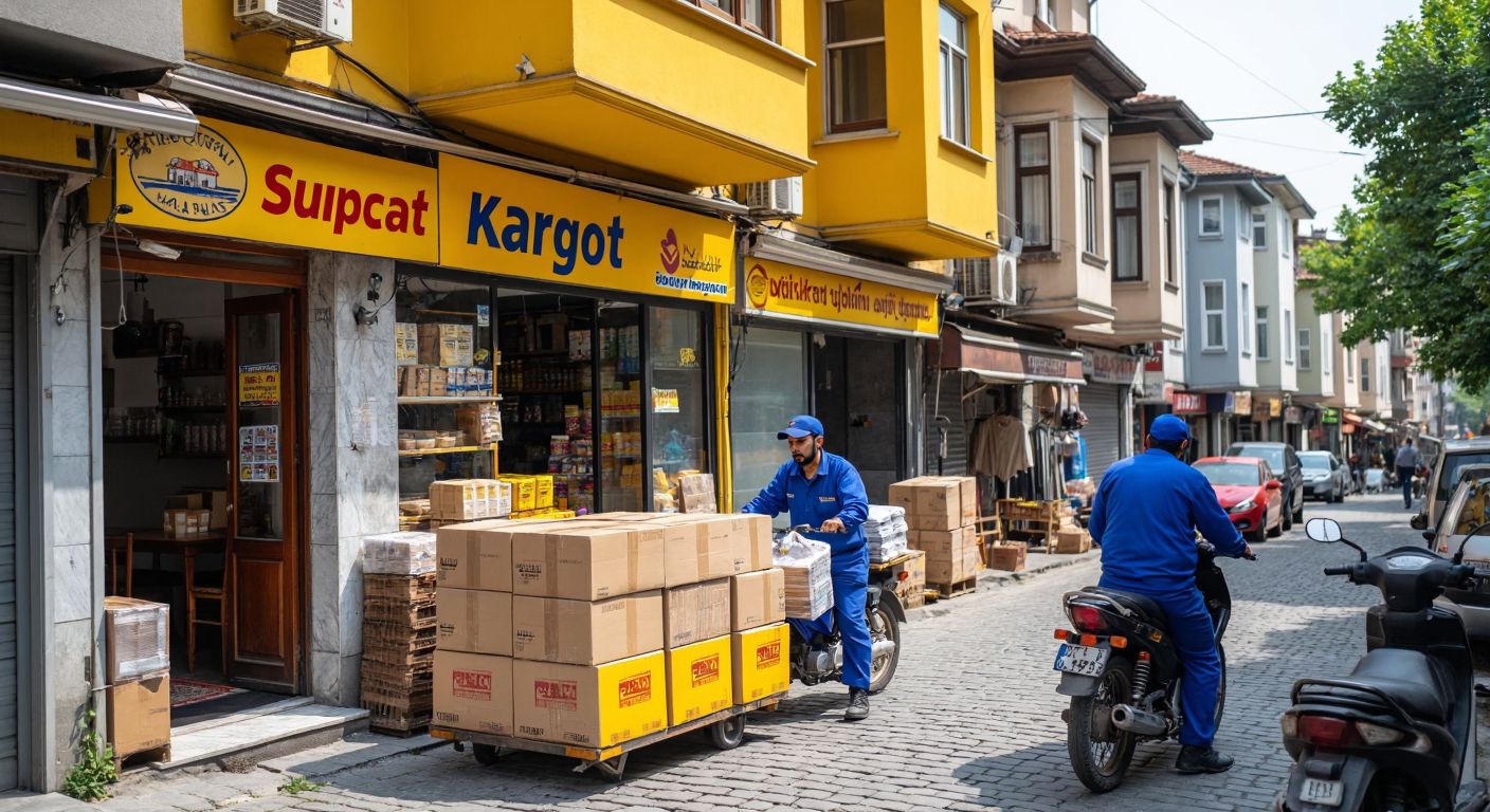 A bustling street in Eyüpsultan with a bright yellow Sürat Kargo storefront nestled among small shops, a delivery worker in a blue uniform loading packages onto a motorcycle, and the lively atmosphere of Topçular mahallesi with cobblestone sidewalks and traditional Turkish tea houses nearby.