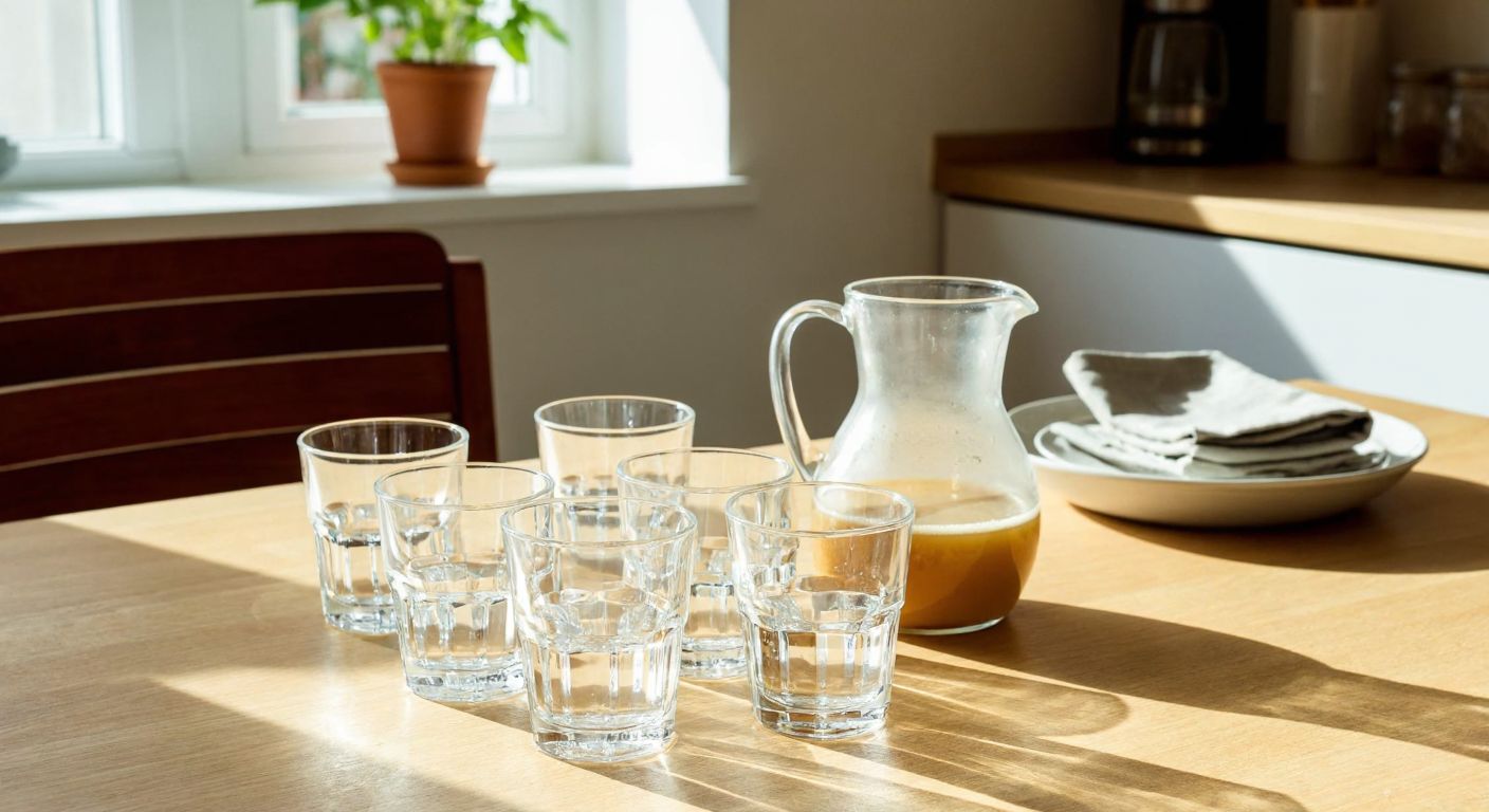 A neatly arranged set of clear Paşabahçe glass cups in varying sizes (water, juice, and coffee cups) on a wooden dining table in a sunlit Turkish kitchen, with a traditional ceramic pitcher nearby.