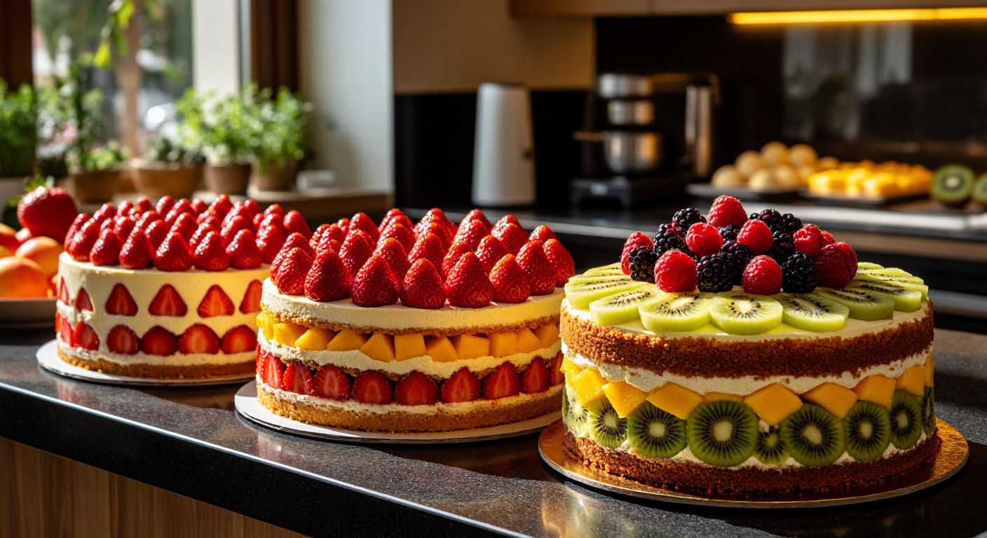 A vibrant Turkish kitchen counter displays three freshly baked layered fruit cakes—one with two tiers adorned with strawberries, another sliced into two layers with kiwi and mango, and a third towering three-tier cake decorated with mixed berries, all under warm golden light.