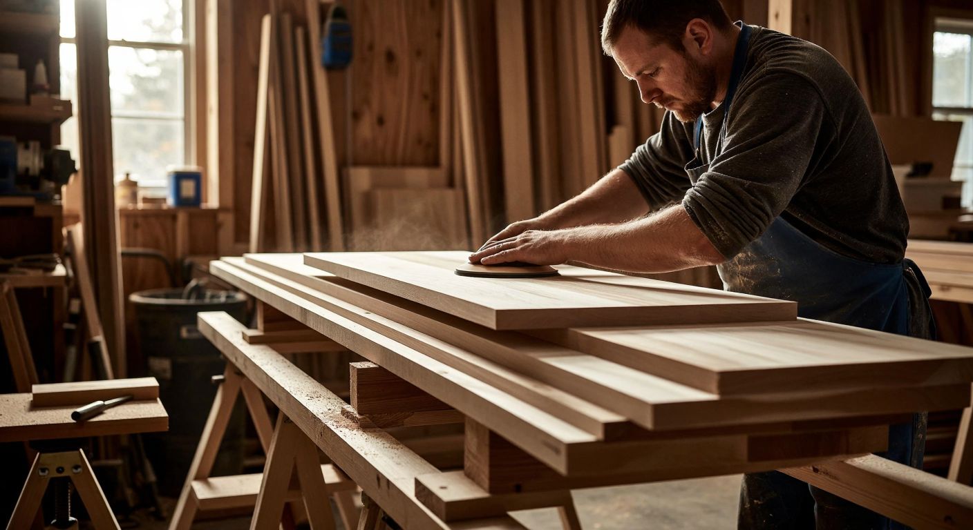 A craftsman in a woodworking shop carefully sanding a smooth, unfinished MDF shutter panel, with stacks of solid wood planks (like Siberian Pine and Beech) and tools nearby, under warm workshop lighting.