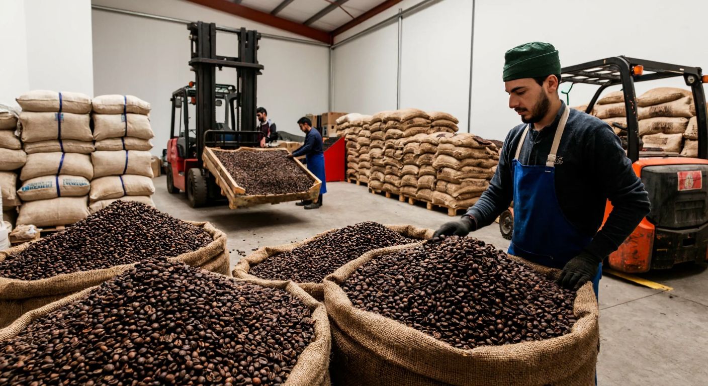 A bustling Turkish coffee warehouse with workers sorting burlap sacks of coffee beans, a forklift moving pallets, and a merchant in a traditional apron inspecting freshly roasted beans.