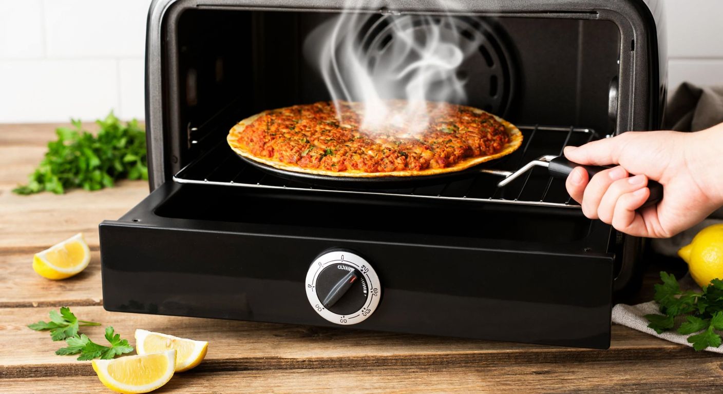 A golden-brown lahmacun sizzling inside a toaster oven, with steam rising and a hand adjusting the temperature dial to 200°C, surrounded by fresh parsley and lemon wedges on a rustic wooden table.